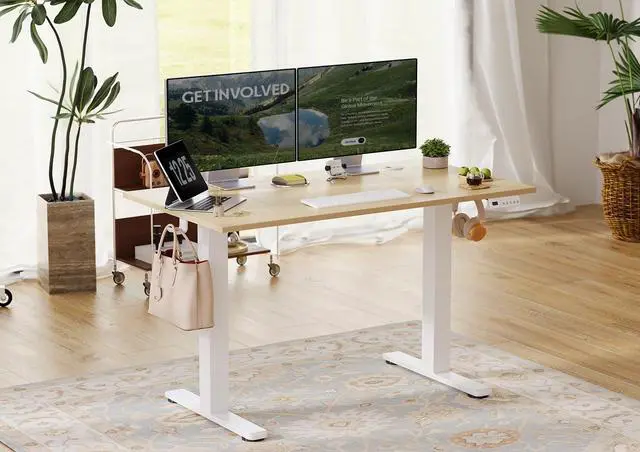 Alt view image 2 of 7 - Electric Standing Desk Adjustable Height, 48 x 24 Inch Sit Stand Desk with T-Shaped Frame, 3 Memory Presets & Cable Management for Home Office Computer Workstation, White Frame/Nature Top