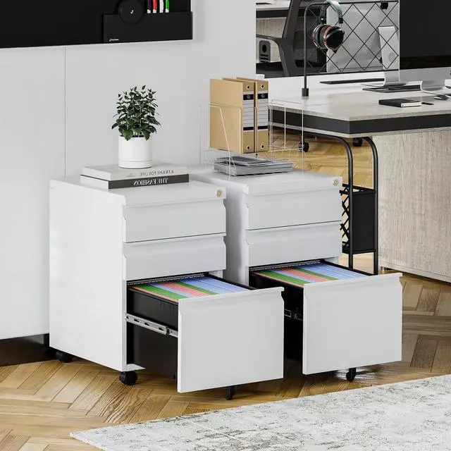 Alt view image 2 of 7 - Mobile File Cabinet with Lock Under Desk 3 Drawer Metal Filing Cabinet Locking Office Mobile Cabinet with Wheels Under Desk Office Drawers Rolling Mobile File Cabinet Fully Assembled