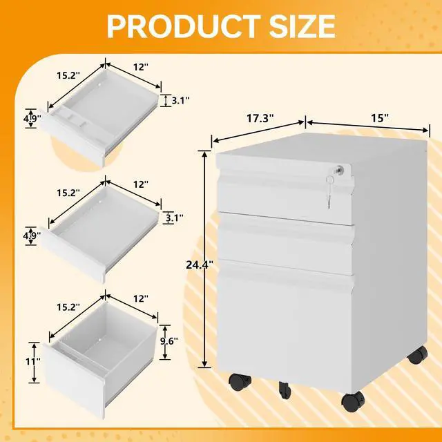 Alt view image 3 of 7 - Mobile File Cabinet with Lock Under Desk 3 Drawer Metal Filing Cabinet Locking Office Mobile Cabinet with Wheels Under Desk Office Drawers Rolling Mobile File Cabinet Fully Assembled
