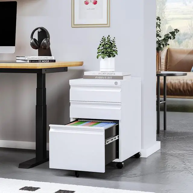Alt view image 4 of 7 - Mobile File Cabinet with Lock Under Desk 3 Drawer Metal Filing Cabinet Locking Office Mobile Cabinet with Wheels Under Desk Office Drawers Rolling Mobile File Cabinet Fully Assembled