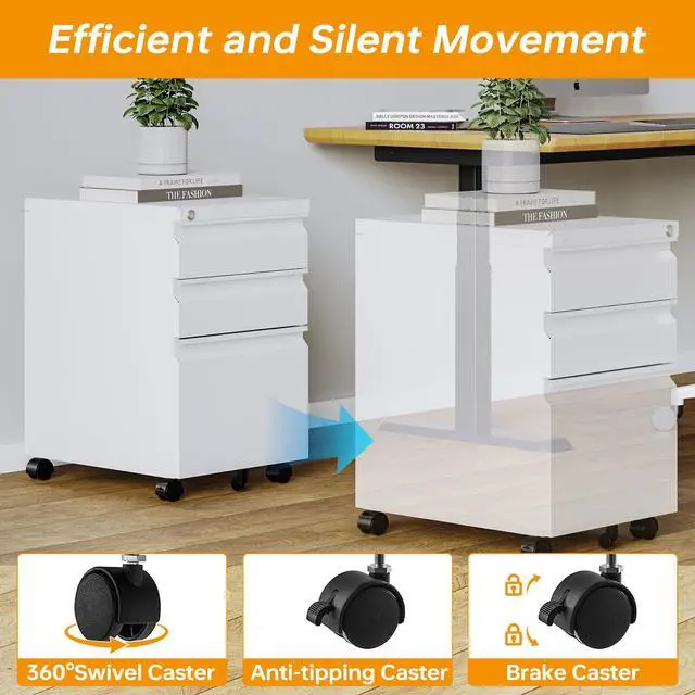 Alt view image 5 of 7 - Mobile File Cabinet with Lock Under Desk 3 Drawer Metal Filing Cabinet Locking Office Mobile Cabinet with Wheels Under Desk Office Drawers Rolling Mobile File Cabinet Fully Assembled