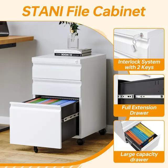 Alt view image 6 of 7 - Mobile File Cabinet with Lock Under Desk 3 Drawer Metal Filing Cabinet Locking Office Mobile Cabinet with Wheels Under Desk Office Drawers Rolling Mobile File Cabinet Fully Assembled