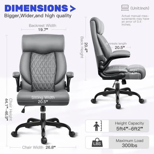 Alt view image 2 of 7 - High Back Executive Office Chair - Ergonomic Computer Desk with Rocking Function, Leather Managerial with Adjustable Flip-Up Armrests and Lumbar Support