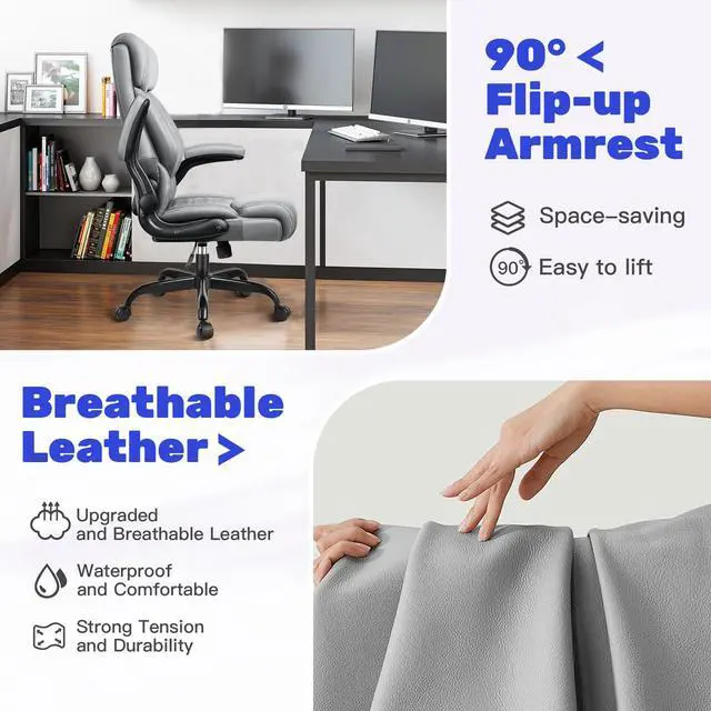 Alt view image 3 of 7 - High Back Executive Office Chair - Ergonomic Computer Desk with Rocking Function, Leather Managerial with Adjustable Flip-Up Armrests and Lumbar Support