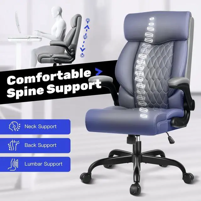 Alt view image 4 of 7 - High Back Executive Office Chair - Ergonomic Computer Desk with Rocking Function, Leather Managerial with Adjustable Flip-Up Armrests and Lumbar Support