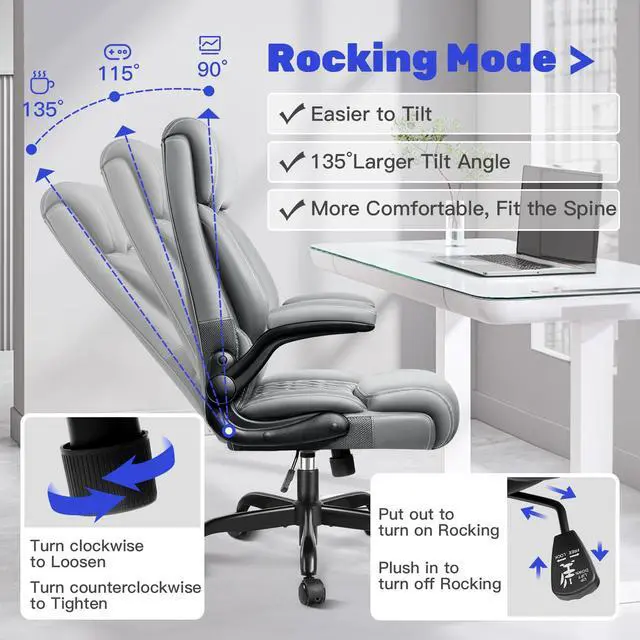 Alt view image 5 of 7 - High Back Executive Office Chair - Ergonomic Computer Desk with Rocking Function, Leather Managerial with Adjustable Flip-Up Armrests and Lumbar Support