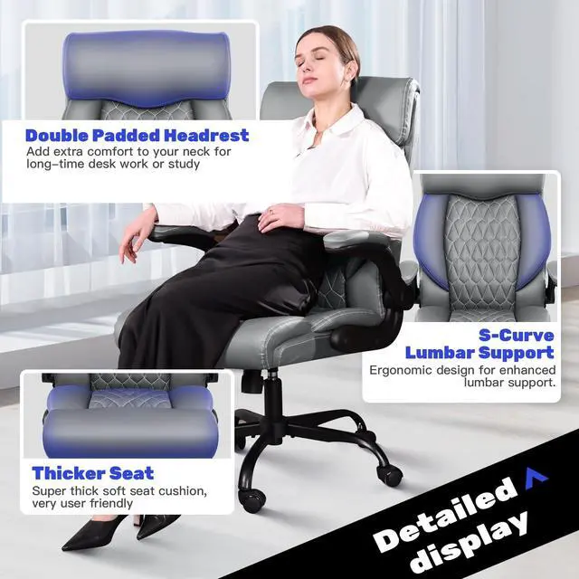 Alt view image 6 of 7 - High Back Executive Office Chair - Ergonomic Computer Desk with Rocking Function, Leather Managerial with Adjustable Flip-Up Armrests and Lumbar Support
