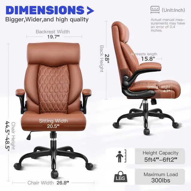 Alt view image 2 of 7 - High Back Executive Office Chair - Ergonomic Computer Desk with Rocking Function, Leather Managerial with Adjustable Flip-Up Armrests and Lumbar Support