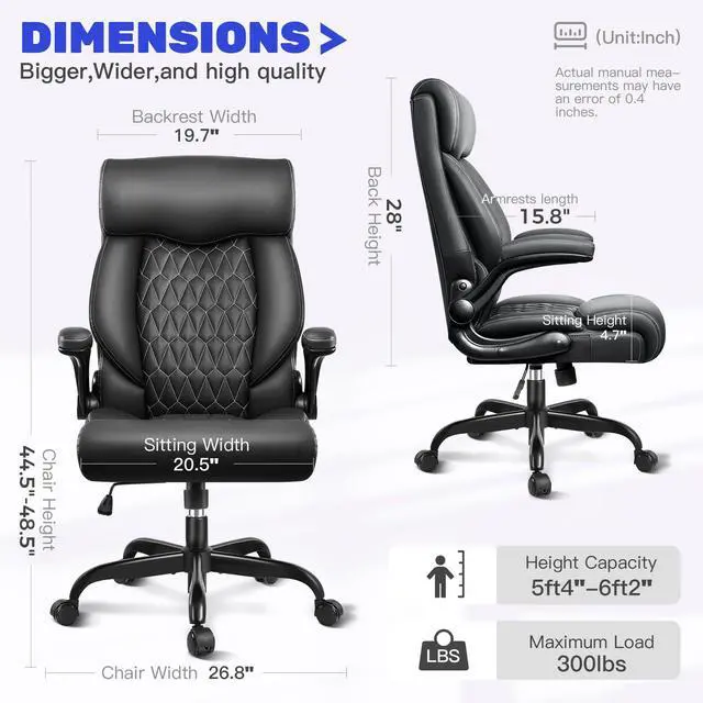 Alt view image 2 of 7 - High Back Executive Office Chair - Ergonomic Computer Desk with Rocking Function, Leather Managerial with Adjustable Flip-Up Armrests and Lumbar Support