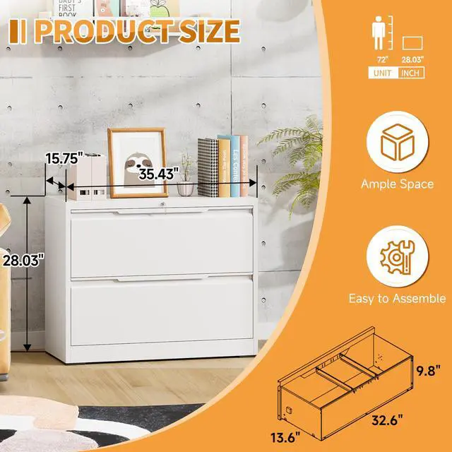 Alt view image 3 of 7 - 2-Drawer Metal File Cabinet with Lock,Steel Printer Stand with Storage for Home Office,Lateral Filing Cabinet for Legal/Letter/A4 Files,Assembly Required(35.43''W-2 Drawers,White)