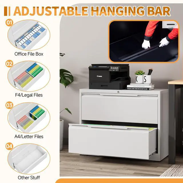 Alt view image 4 of 7 - 2-Drawer Metal File Cabinet with Lock,Steel Printer Stand with Storage for Home Office,Lateral Filing Cabinet for Legal/Letter/A4 Files,Assembly Required(35.43''W-2 Drawers,White)