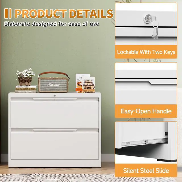 Alt view image 5 of 7 - 2-Drawer Metal File Cabinet with Lock,Steel Printer Stand with Storage for Home Office,Lateral Filing Cabinet for Legal/Letter/A4 Files,Assembly Required(35.43''W-2 Drawers,White)