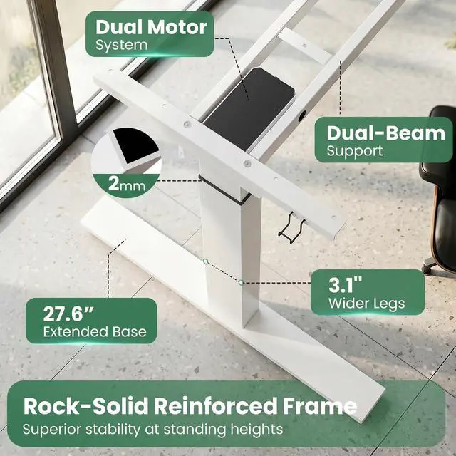 Alt view image 2 of 7 - Dual Motor Standing Desk Frame for Tops up to 75" - 280 lbs Capacity | 27.9"-45" Height Adjustable Desk Legs with 3 Memory Presets, Power Strip & Cable Management Tray, White Frame Only