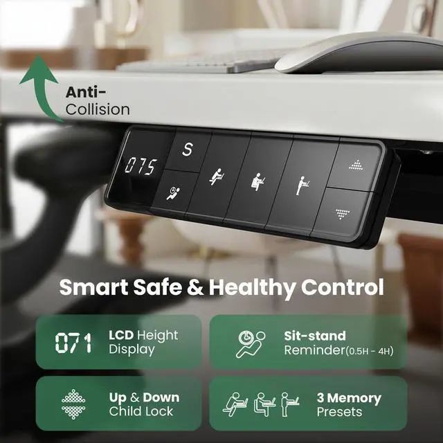 Alt view image 6 of 7 - Dual Motor Standing Desk Frame for Tops up to 75" - 280 lbs Capacity | 27.9"-45" Height Adjustable Desk Legs with 3 Memory Presets, Power Strip & Cable Management Tray, White Frame Only