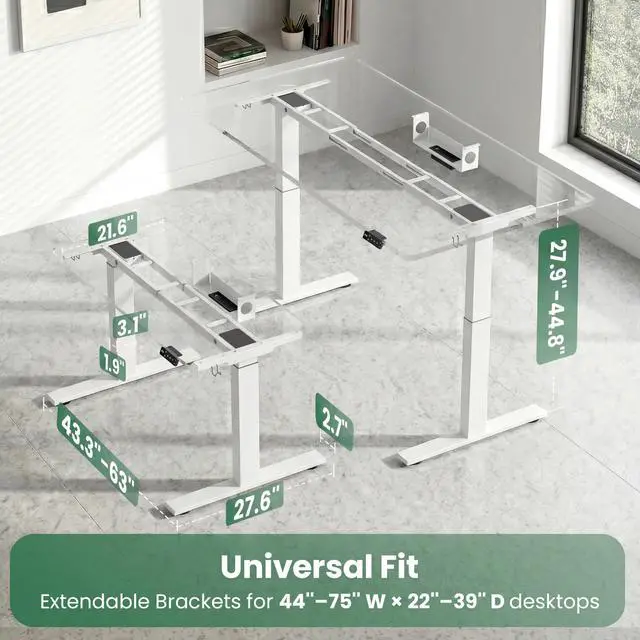 Alt view image 5 of 7 - Dual Motor Standing Desk Frame for Tops up to 75" - 280 lbs Capacity | 27.9"-45" Height Adjustable Desk Legs with 3 Memory Presets, Power Strip & Cable Management Tray, White Frame Only