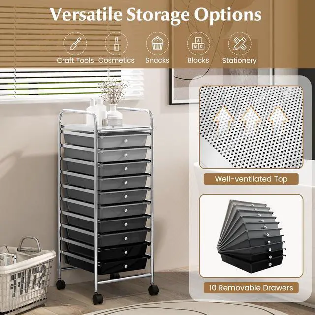 Alt view image 4 of 6 - Craft Organizers and Storage Cart - Rolling Cart with 10 Drawers, Lockable Casters for Tools, Trolley Cart with Wheels, Utility Cart for School, Home Office, Craft Cart (Gradient Black)