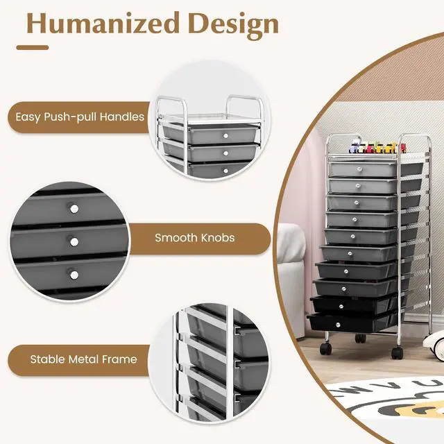 Alt view image 6 of 6 - Craft Organizers and Storage Cart - Rolling Cart with 10 Drawers, Lockable Casters for Tools, Trolley Cart with Wheels, Utility Cart for School, Home Office, Craft Cart (Gradient Black)