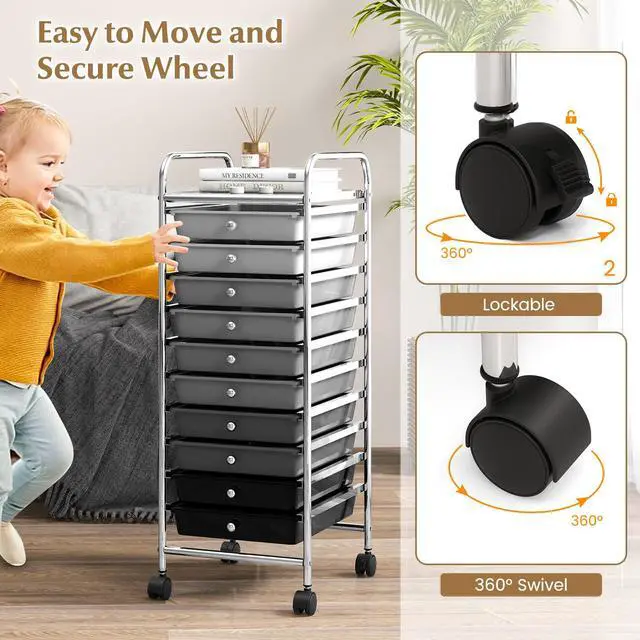 Alt view image 5 of 6 - Craft Organizers and Storage Cart - Rolling Cart with 10 Drawers, Lockable Casters for Tools, Trolley Cart with Wheels, Utility Cart for School, Home Office, Craft Cart (Gradient Black)