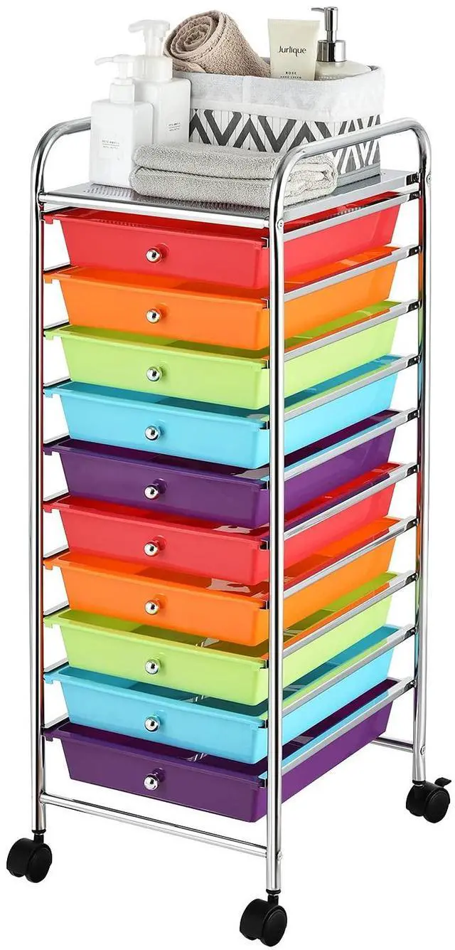 Main image of 10 Drawer Rolling Cart, Slim Storage Cart w/Lockable Wheels for Classroom School Teacher Office, Art Supplies Paper Scrapbook Craft Organizers, Utility Cart with Drawers (Multicolor)