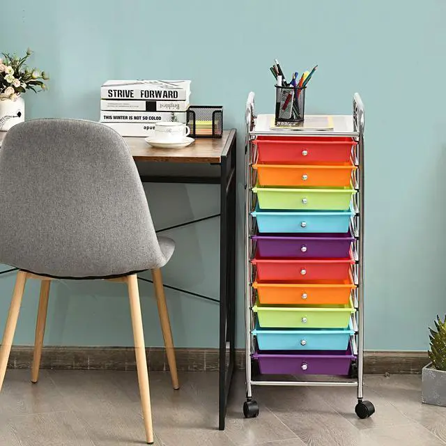 Alt view image 2 of 7 - 10 Drawer Rolling Cart, Slim Storage Cart w/Lockable Wheels for Classroom School Teacher Office, Art Supplies Paper Scrapbook Craft Organizers, Utility Cart with Drawers (Multicolor)