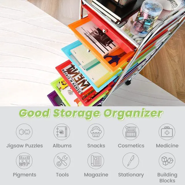 Alt view image 5 of 7 - 10 Drawer Rolling Cart, Slim Storage Cart w/Lockable Wheels for Classroom School Teacher Office, Art Supplies Paper Scrapbook Craft Organizers, Utility Cart with Drawers (Multicolor)