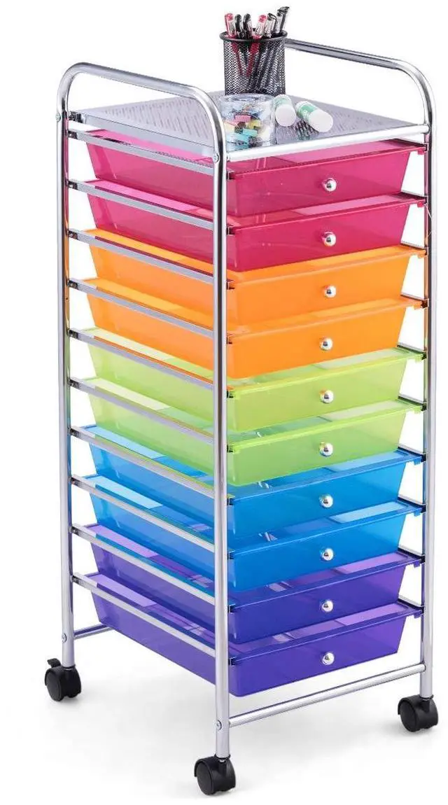 Main image of 10 Drawer Rolling Cart, Slim Storage Cart | Lockable Wheels Classroom School Teacher Office Art Supplies Paper Scrapbook Craft Organizers Utility Cart (Color)