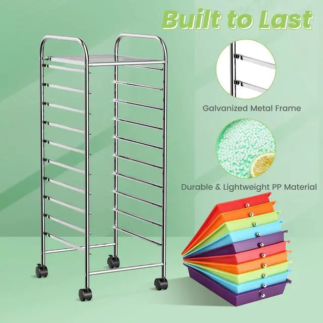 Alt view image 7 of 7 - 10 Drawer Rolling Cart, Slim Storage Cart w/Lockable Wheels for Classroom School Teacher Office, Art Supplies Paper Scrapbook Craft Organizers, Utility Cart with Drawers (Multicolor)