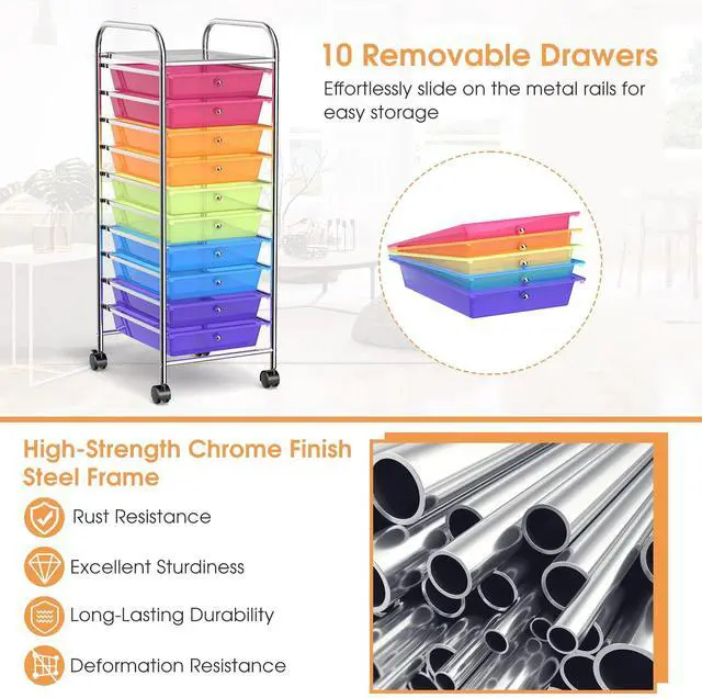 Alt view image 5 of 7 - 10 Drawer Rolling Cart, Slim Storage Cart | Lockable Wheels Classroom School Teacher Office Art Supplies Paper Scrapbook Craft Organizers Utility Cart (Color)