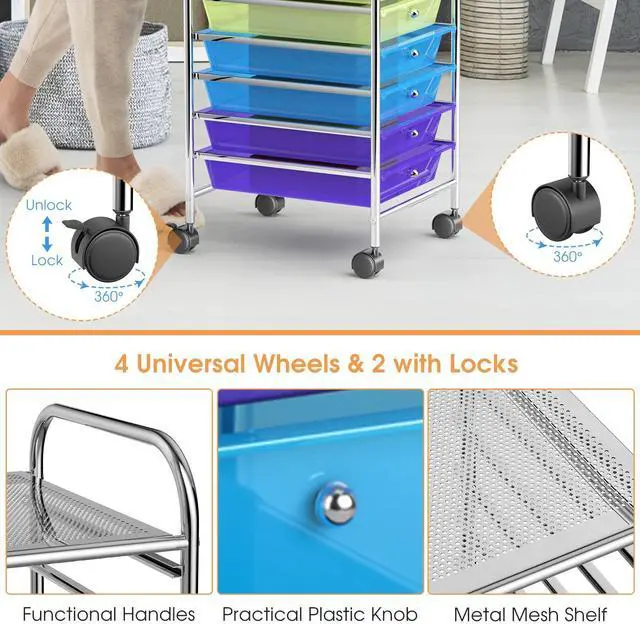 Alt view image 6 of 7 - 10 Drawer Rolling Cart, Slim Storage Cart | Lockable Wheels Classroom School Teacher Office Art Supplies Paper Scrapbook Craft Organizers Utility Cart (Color)