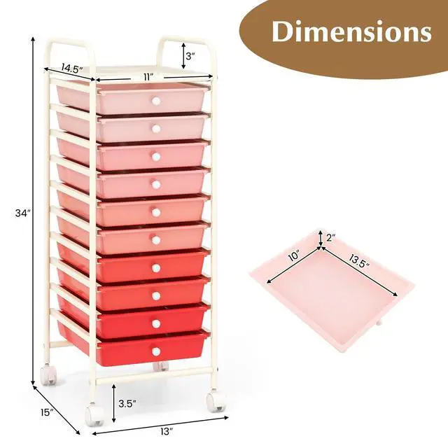 Alt view image 3 of 7 - Craft Organizers and Storage Cart - Rolling Cart with 10 Drawers, Lockable Casters for Tools, Trolley Cart with Wheels, Utility Cart for School, Home Office, Craft Cart (Gradient Pink)