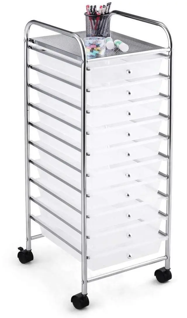 Main image of Storage Cart W/10 Drawers,Rolling Wheels Mobile Cart | 34"H Metal Frame, Semi-Transparent Removable Drawers Rolling Wheels For Office School Home Beauty Salon File Craft Storage
