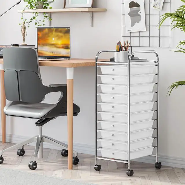Alt view image 2 of 7 - Storage Cart W/10 Drawers,Rolling Wheels Mobile Cart | 34"H Metal Frame, Semi-Transparent Removable Drawers Rolling Wheels For Office School Home Beauty Salon File Craft Storage