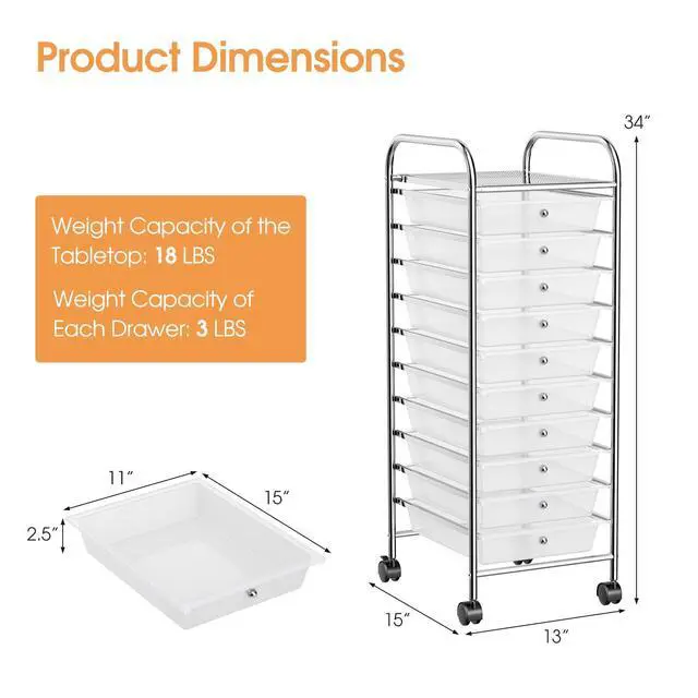 Alt view image 3 of 7 - Storage Cart W/10 Drawers,Rolling Wheels Mobile Cart | 34"H Metal Frame, Semi-Transparent Removable Drawers Rolling Wheels For Office School Home Beauty Salon File Craft Storage