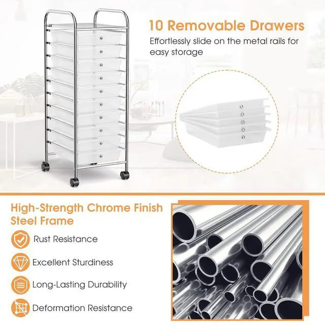 Alt view image 5 of 7 - Storage Cart W/10 Drawers,Rolling Wheels Mobile Cart | 34"H Metal Frame, Semi-Transparent Removable Drawers Rolling Wheels For Office School Home Beauty Salon File Craft Storage