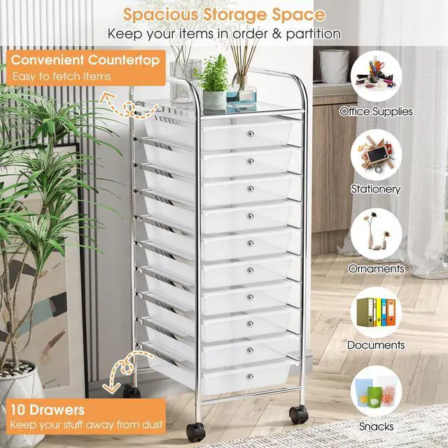 Alt view image 4 of 7 - Storage Cart W/10 Drawers,Rolling Wheels Mobile Cart | 34"H Metal Frame, Semi-Transparent Removable Drawers Rolling Wheels For Office School Home Beauty Salon File Craft Storage