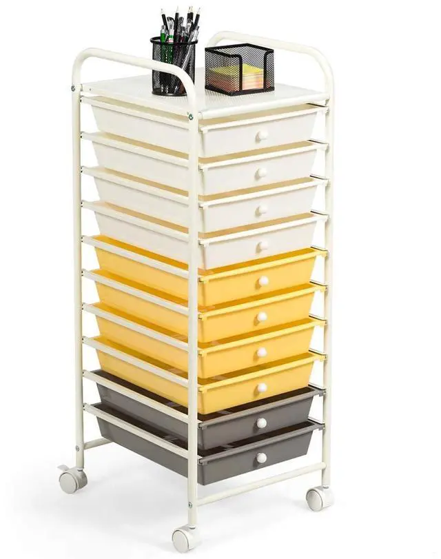 Main image of 10 Drawer Rolling Cart, Slim Storage Cart w/Lockable Wheels for Classroom School Teacher Office, Art Supplies Paper Scrapbook Craft Organizers, Utility Cart with Drawers (Yellow)