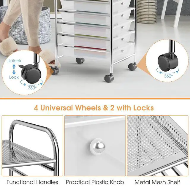 Alt view image 6 of 7 - Storage Cart W/10 Drawers,Rolling Wheels Mobile Cart | 34"H Metal Frame, Semi-Transparent Removable Drawers Rolling Wheels For Office School Home Beauty Salon File Craft Storage