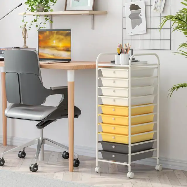 Alt view image 2 of 6 - 10 Drawer Rolling Cart, Slim Storage Cart w/Lockable Wheels for Classroom School Teacher Office, Art Supplies Paper Scrapbook Craft Organizers, Utility Cart with Drawers (Yellow)