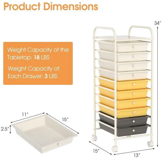 Alt view image 3 of 6 - 10 Drawer Rolling Cart, Slim Storage Cart w/Lockable Wheels for Classroom School Teacher Office, Art Supplies Paper Scrapbook Craft Organizers, Utility Cart with Drawers (Yellow)