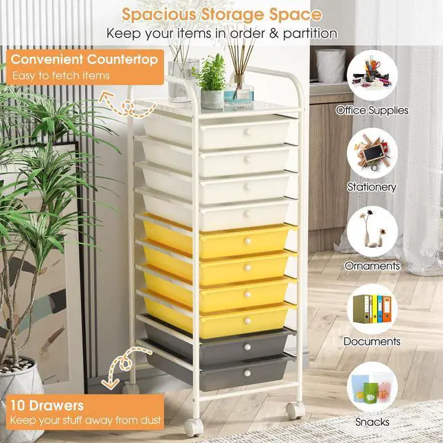 Alt view image 4 of 6 - 10 Drawer Rolling Cart, Slim Storage Cart w/Lockable Wheels for Classroom School Teacher Office, Art Supplies Paper Scrapbook Craft Organizers, Utility Cart with Drawers (Yellow)