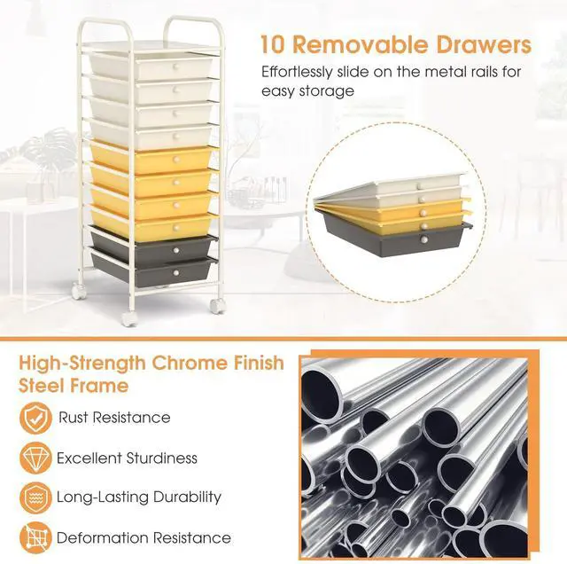 Alt view image 5 of 6 - 10 Drawer Rolling Cart, Slim Storage Cart w/Lockable Wheels for Classroom School Teacher Office, Art Supplies Paper Scrapbook Craft Organizers, Utility Cart with Drawers (Yellow)