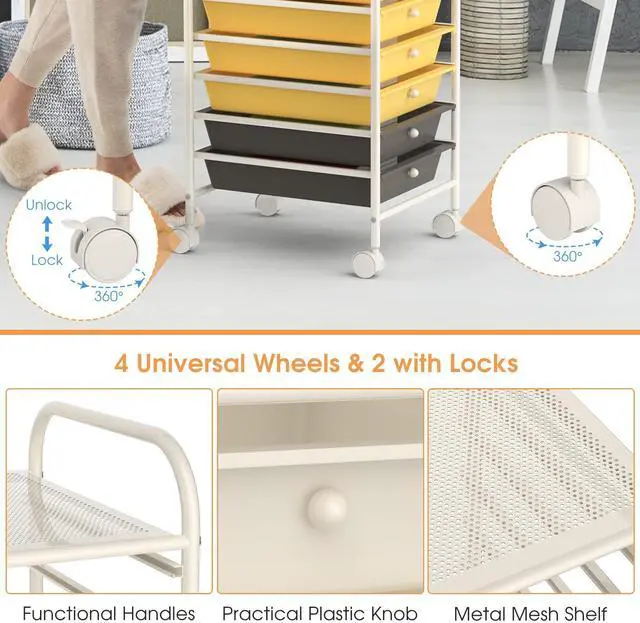Alt view image 6 of 6 - 10 Drawer Rolling Cart, Slim Storage Cart w/Lockable Wheels for Classroom School Teacher Office, Art Supplies Paper Scrapbook Craft Organizers, Utility Cart with Drawers (Yellow)