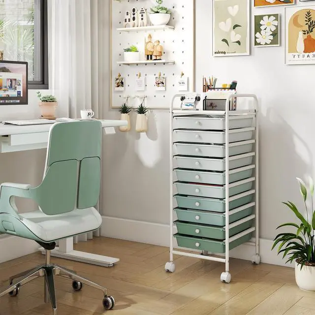 Alt view image 2 of 7 - Craft Organizers and Storage Cart - Rolling Cart with 10 Drawers, Lockable Casters for Tools, Mobile Art Craft Organizers, Utility Cart for School Home Office, Craft Cart (Gradient Green)