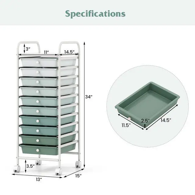 Alt view image 3 of 7 - Craft Organizers and Storage Cart - Rolling Cart with 10 Drawers, Lockable Casters for Tools, Mobile Art Craft Organizers, Utility Cart for School Home Office, Craft Cart (Gradient Green)