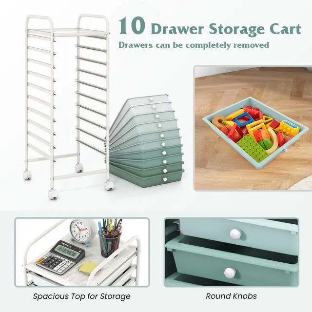 Alt view image 4 of 7 - Craft Organizers and Storage Cart - Rolling Cart with 10 Drawers, Lockable Casters for Tools, Mobile Art Craft Organizers, Utility Cart for School Home Office, Craft Cart (Gradient Green)