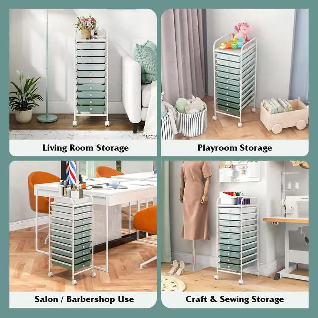 Alt view image 6 of 7 - Craft Organizers and Storage Cart - Rolling Cart with 10 Drawers, Lockable Casters for Tools, Mobile Art Craft Organizers, Utility Cart for School Home Office, Craft Cart (Gradient Green)