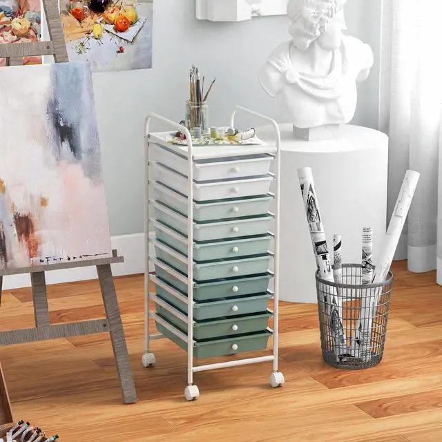 Alt view image 7 of 7 - Craft Organizers and Storage Cart - Rolling Cart with 10 Drawers, Lockable Casters for Tools, Mobile Art Craft Organizers, Utility Cart for School Home Office, Craft Cart (Gradient Green)