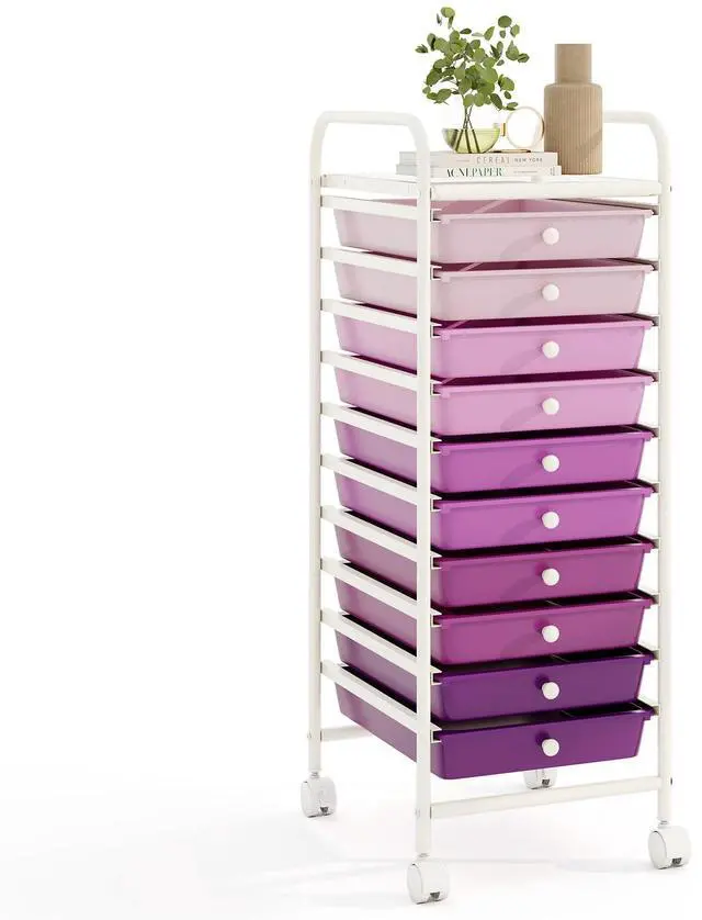 Main image of 10 Drawer Rolling Cart - Slim Storage Cart w/Lockable Wheels for Classroom School Teacher Office, Art Supplies Paper Scrapbook Craft Organizers, Utility Cart with Drawers (Gradient Purple)