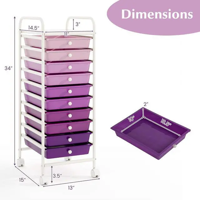 Alt view image 3 of 7 - 10 Drawer Rolling Cart - Slim Storage Cart w/Lockable Wheels for Classroom School Teacher Office, Art Supplies Paper Scrapbook Craft Organizers, Utility Cart with Drawers (Gradient Purple)