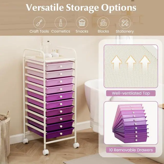 Alt view image 4 of 7 - 10 Drawer Rolling Cart - Slim Storage Cart w/Lockable Wheels for Classroom School Teacher Office, Art Supplies Paper Scrapbook Craft Organizers, Utility Cart with Drawers (Gradient Purple)